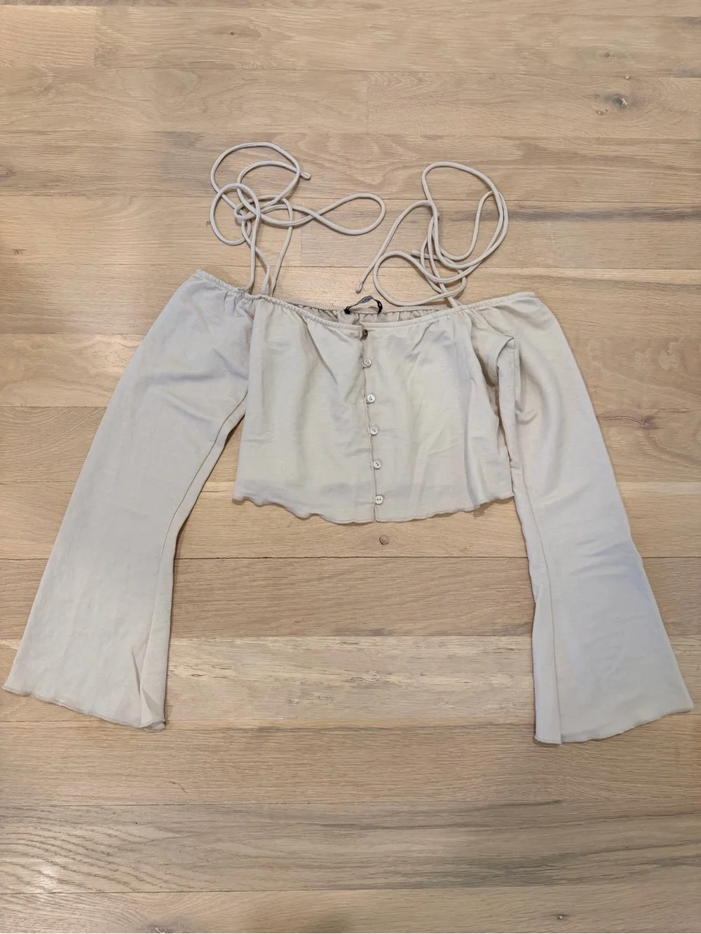 Zara Cream Off-Shoulder Button Crop Top with Bell Sleeves